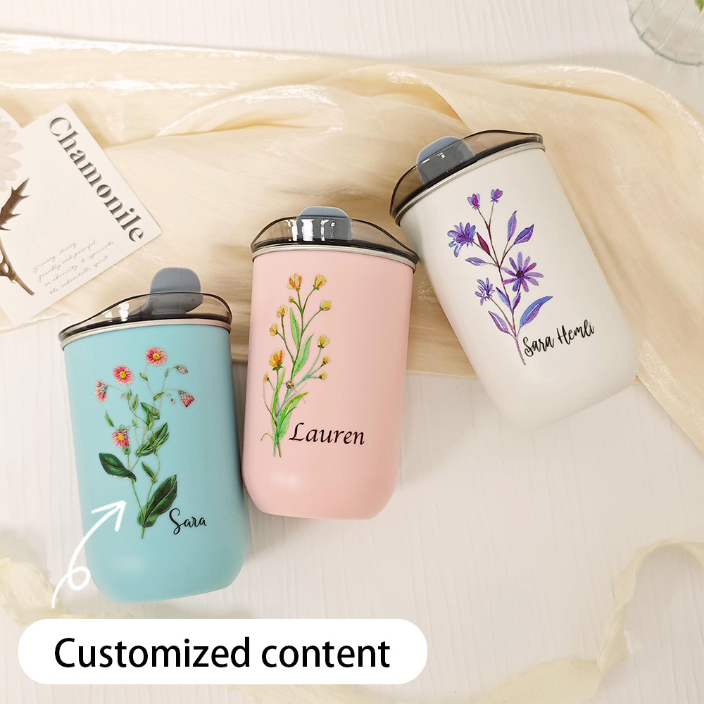 Coffee Equipment Names - カスタムバースフラワー ステンレススチールタンブラー フリップ蓋付き、名前入りパーソナライズトラベルウォーターカップ、花柄サーマルコーヒーカップ。