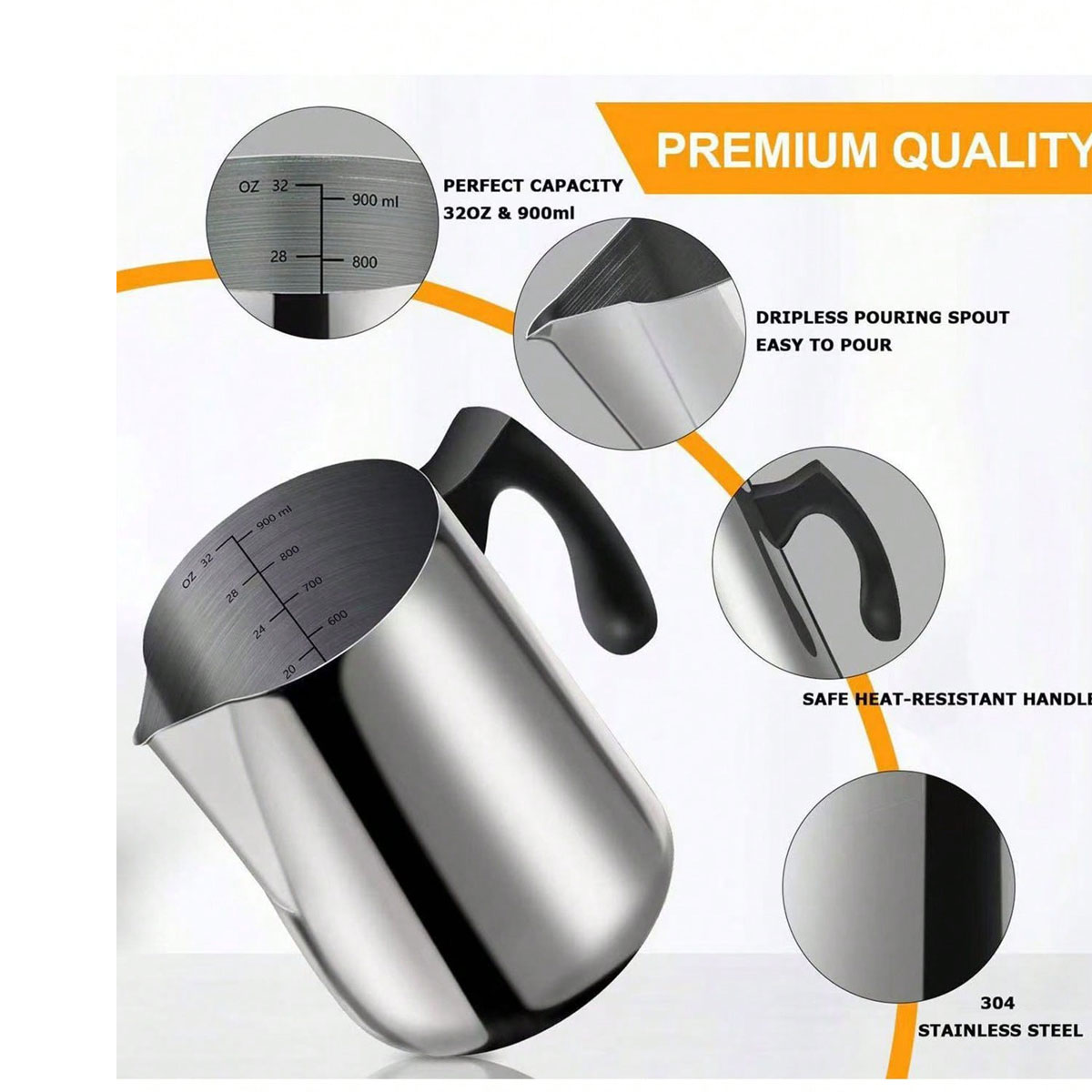 Milk Steaming Pitcher - 304ステンレス鋼製コーヒーラテアートピッチャー（目盛り付き）、業務用ミルク泡立てピッチャー（先のとがった注ぎ口と断熱ハンドル付き）、1個
